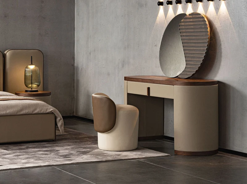 Faux leather dressing table desk, walnut and wood upholstered in mink faux leather