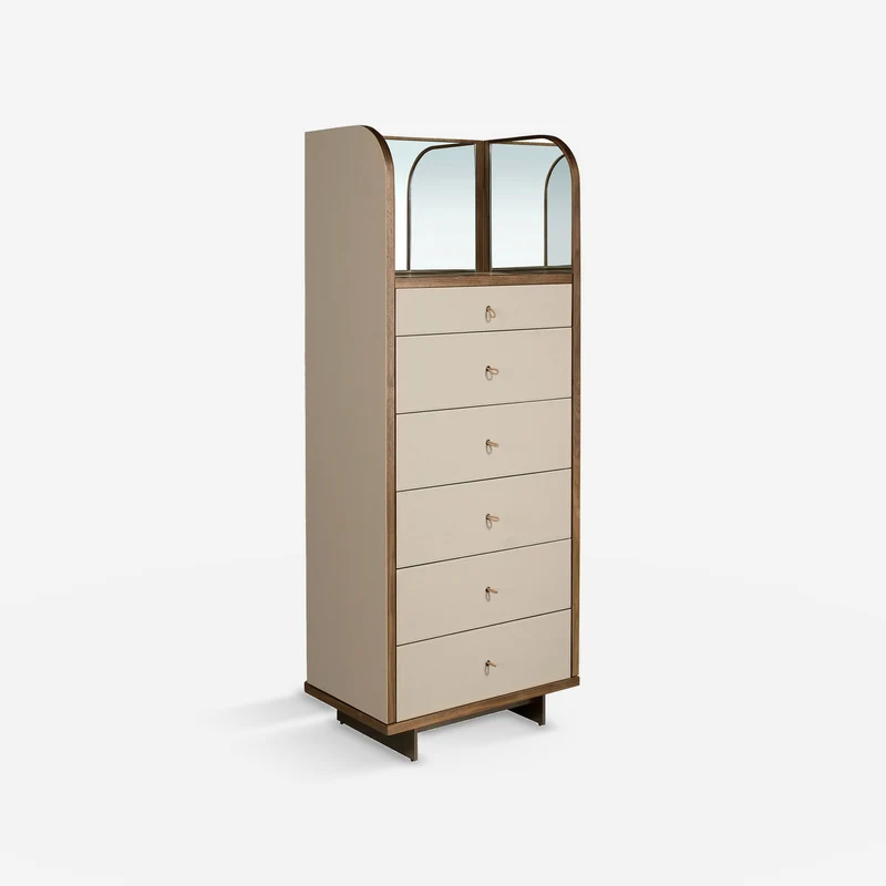 Faux leather, walnut and polished steel chest of drawers with mirror