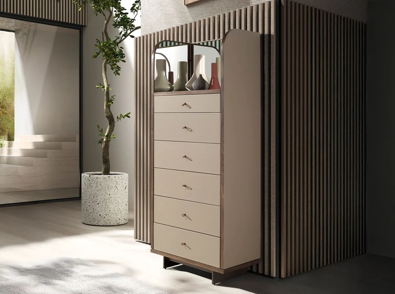 Faux leather, walnut and polished steel chest of drawers with mirror