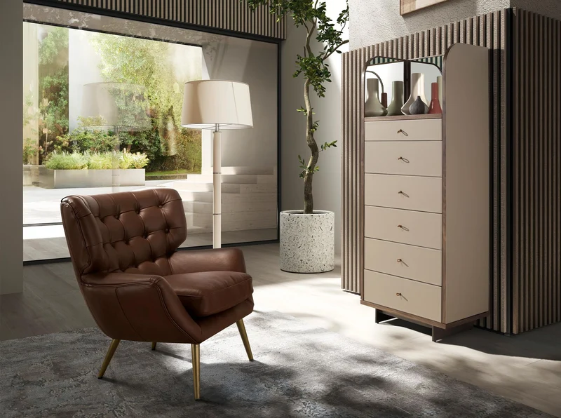 Faux leather, walnut and polished steel chest of drawers with mirror