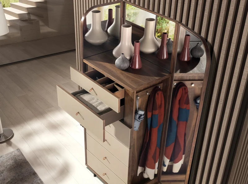 Faux leather, walnut and polished steel chest of drawers with mirror