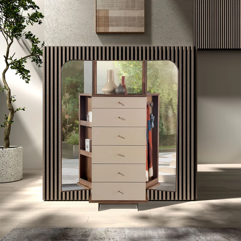 Faux leather, walnut and polished steel chest of drawers with mirror