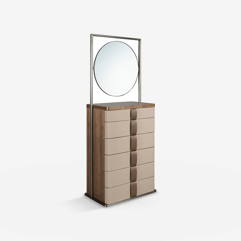 Faux leather, walnut, grey steel and brown smoked glass top with mirror