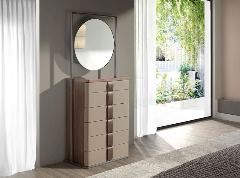 Faux leather, walnut, grey steel and brown smoked glass top with mirror