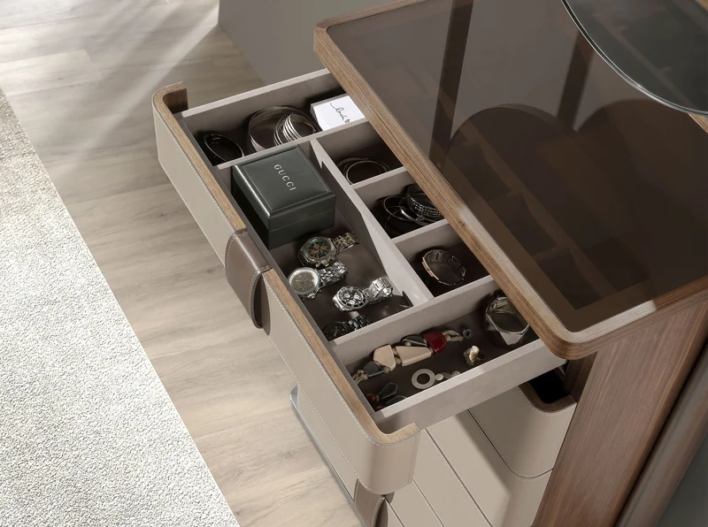 Faux leather, walnut, grey steel and brown smoked glass top with mirror