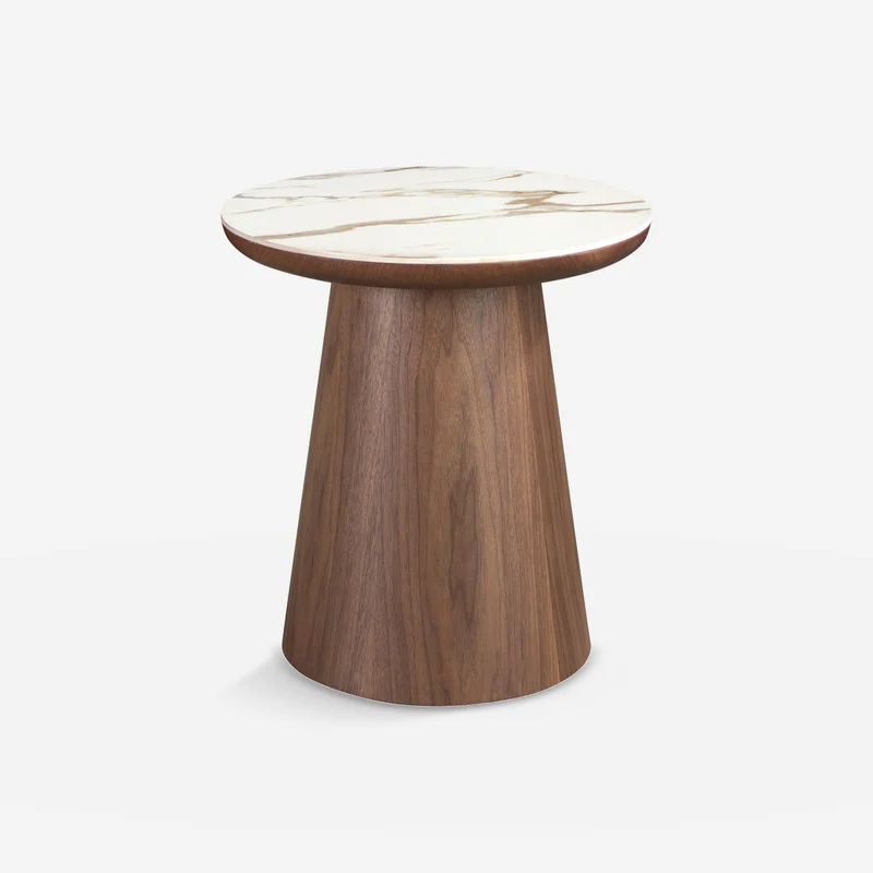 Round corner table in porcelain marble and walnut