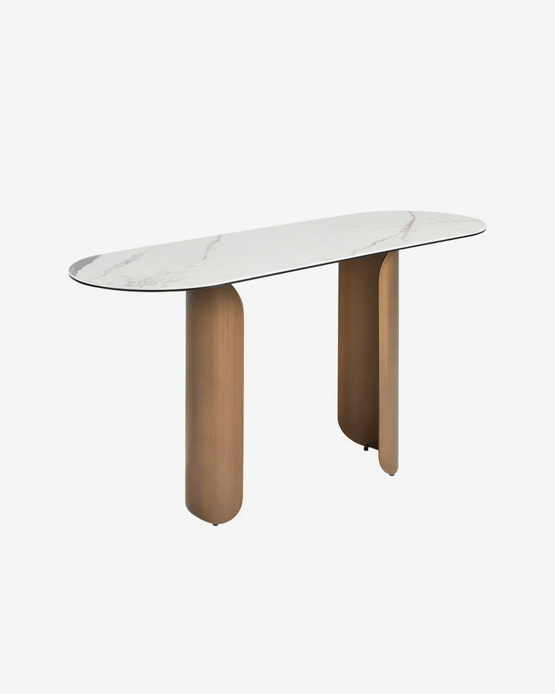 Oval console table with a semicircular design, porcelain marble and bronze-colored steel