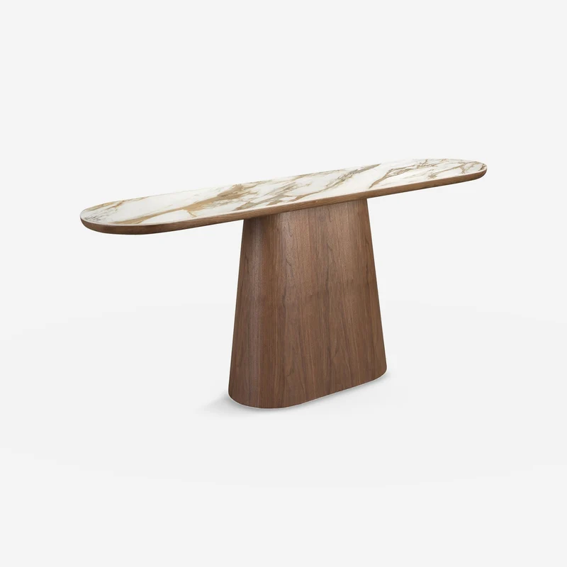 Oval console table in porcelain marble and walnut