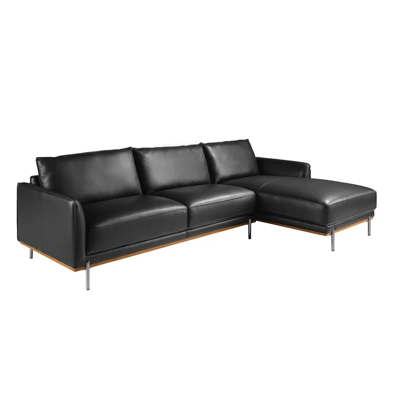 Black leather right-hand chaise longue sofa