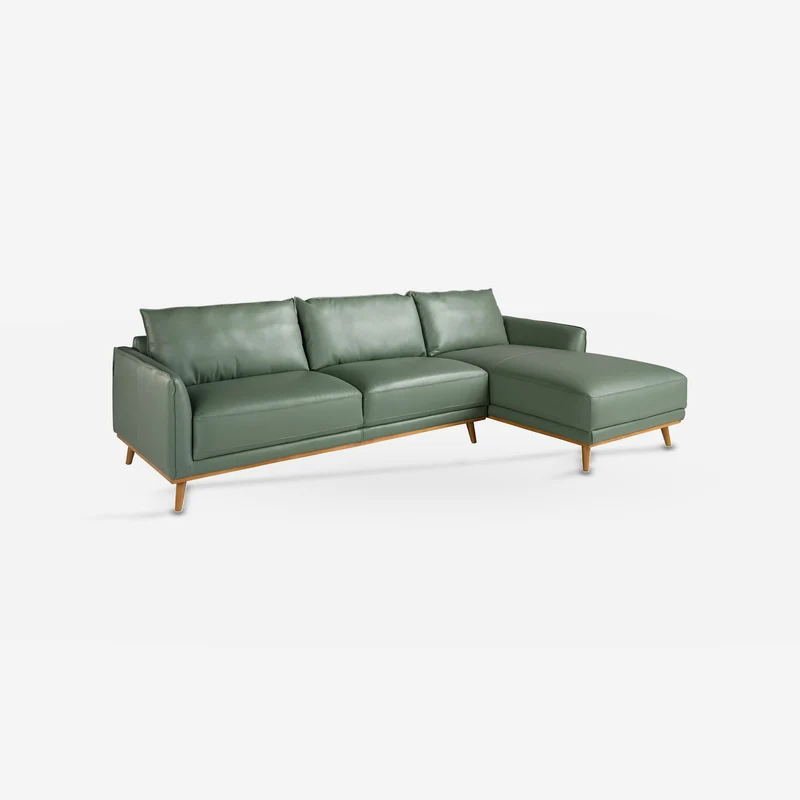 Green leather right-hand chaise longue sofa
