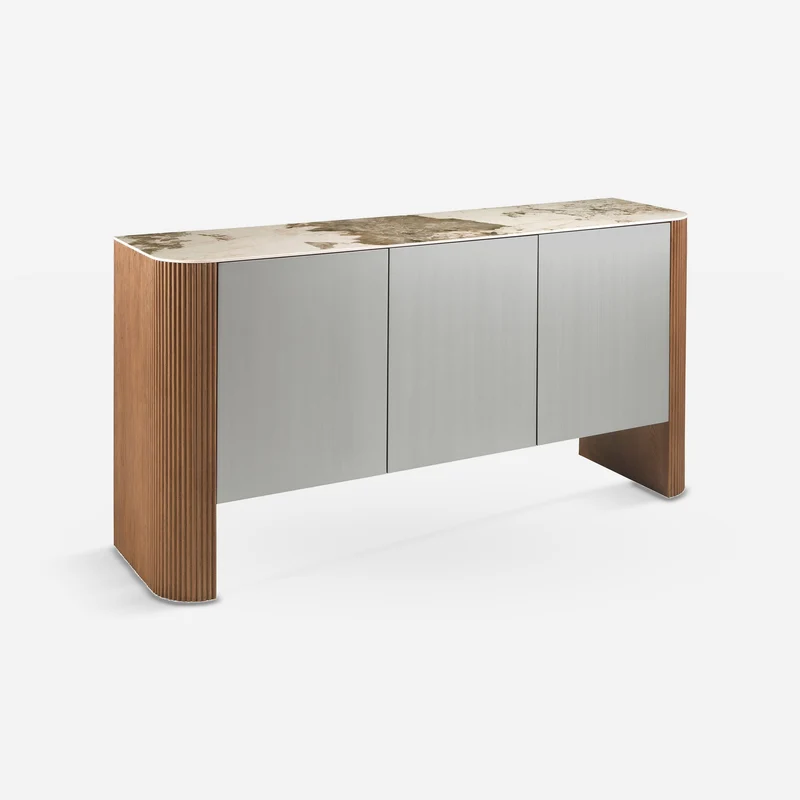 Silver-colored wooden sideboard, walnut and porcelain marble top