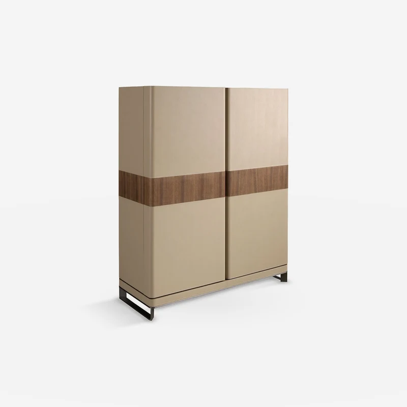 High sideboard in faux leather, walnut and polished steel