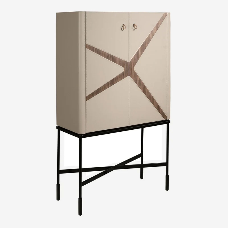 High sideboard in faux leather, walnut and black steel