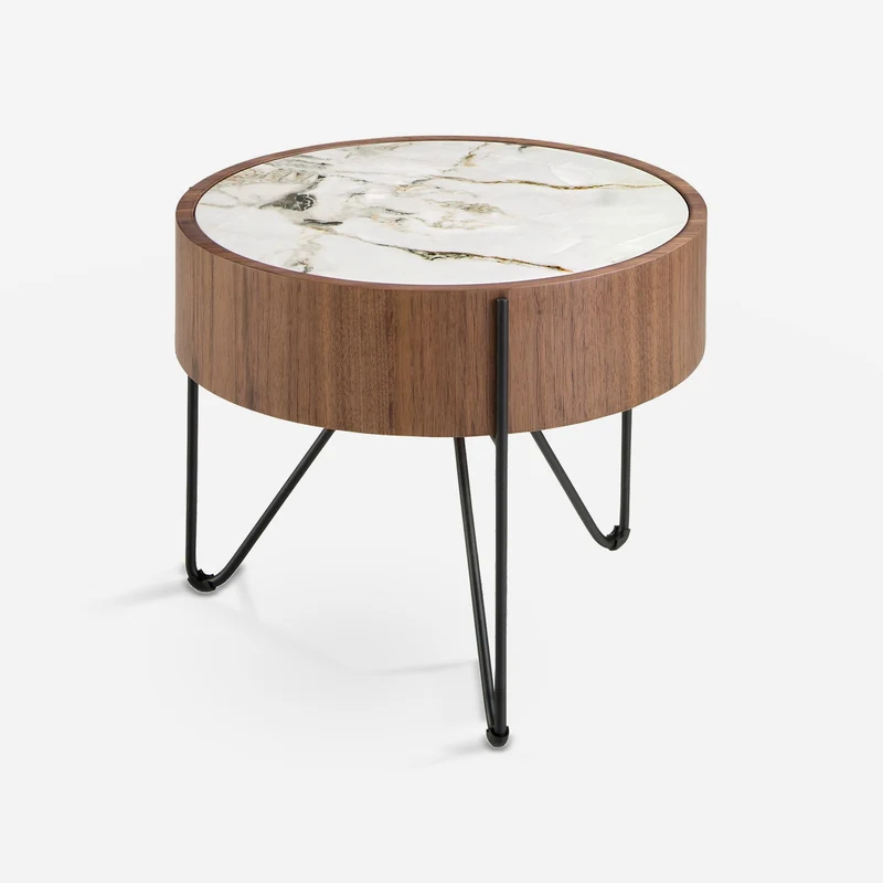 Round corner table in porcelain marble, walnut and black steel