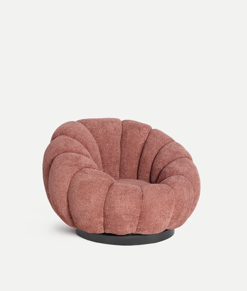 Swivel Armchair Upholstered in Terracotta Bouclé Cotton