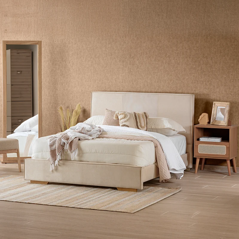 Combo Cama Doble Tokyo Beige, Natural + Colchón Valencia New Ortopédico