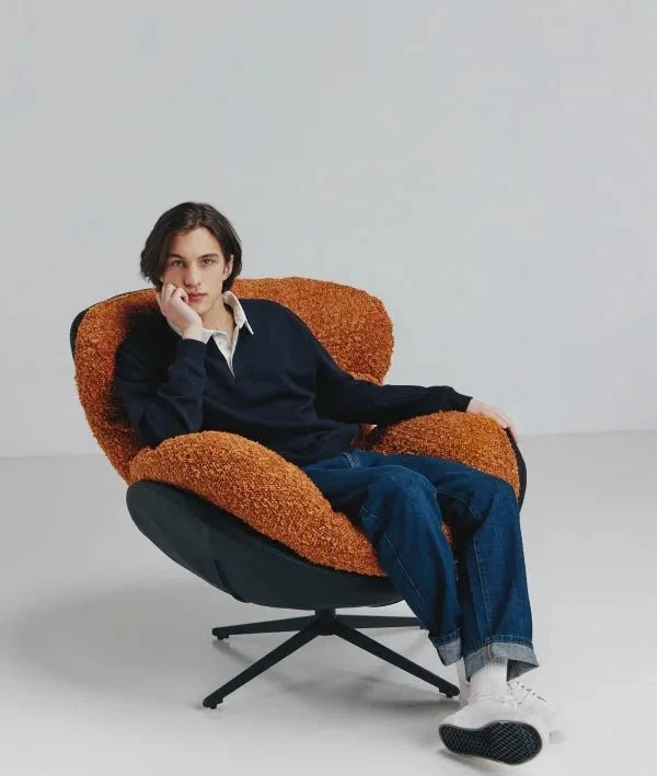 MARRAKECH Swivel Armchair in Orange Polyester and Black Faux Leather – Contemporary Style