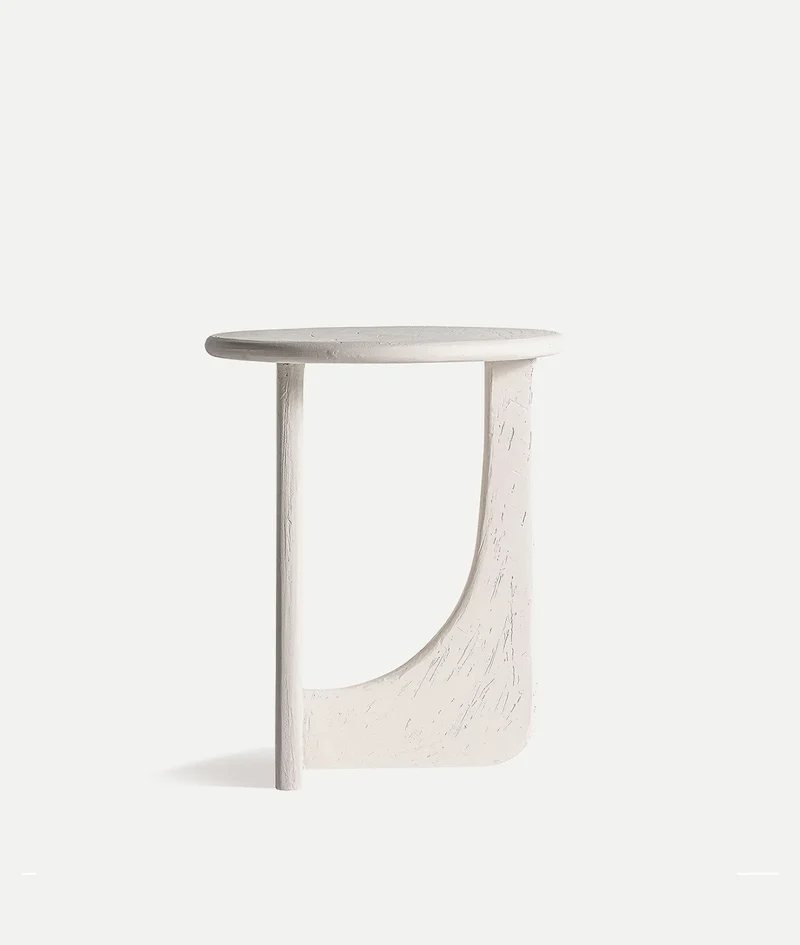 INHA white wooden side table with details, minimalist style