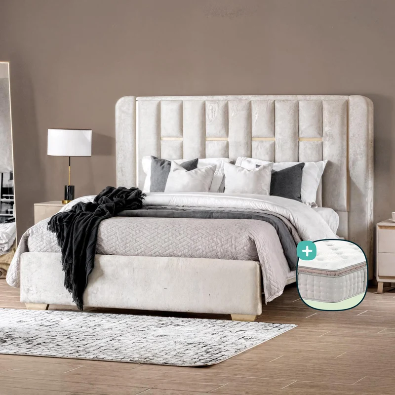 Combo Cama Doble Sevilla Velvet Crudo, Champaña + Colchón Infinit Pillow Top