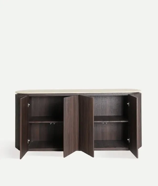 VERONA SIDEBOARD in dark wood and synthetic marble, with clean lines and fluted texture