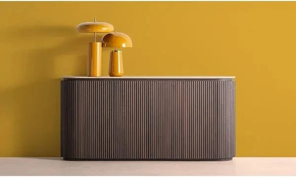 VERONA SIDEBOARD in dark wood and synthetic marble, with clean lines and fluted texture