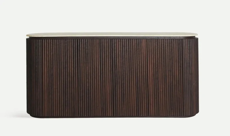 VERONA SIDEBOARD in dark wood and synthetic marble, with clean lines and fluted texture