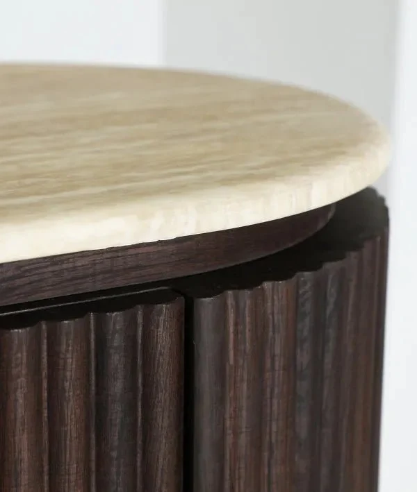 VERONA SIDEBOARD in dark wood and synthetic marble, with clean lines and fluted texture