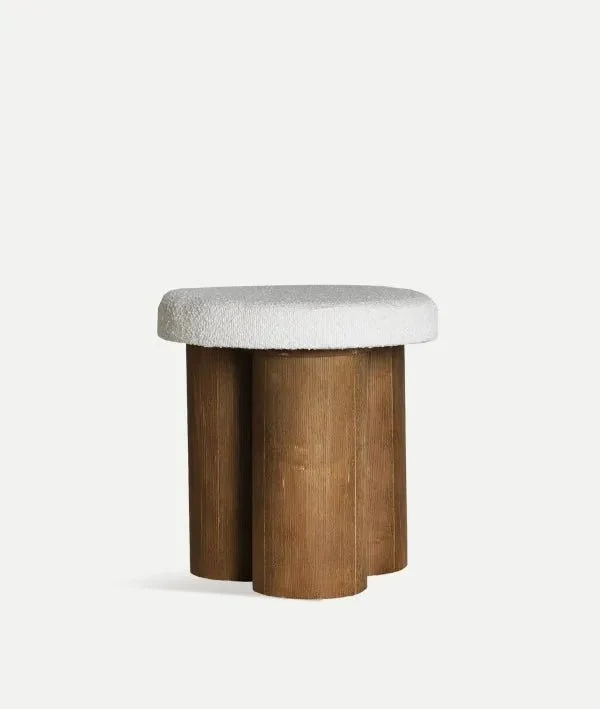 HOEK footrest made of natural brown mango wood with white fabric seat