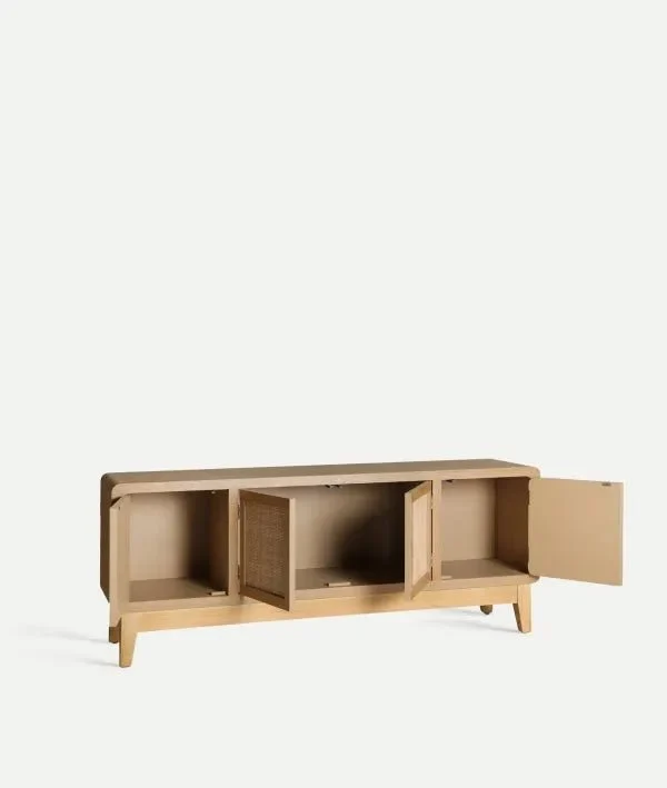 DOAZIT light brown fir wood TV cabinet, elongated with doors with lattice details