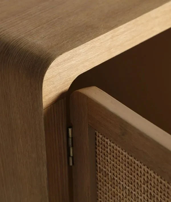 DOAZIT light brown fir wood TV cabinet, elongated with doors with lattice details