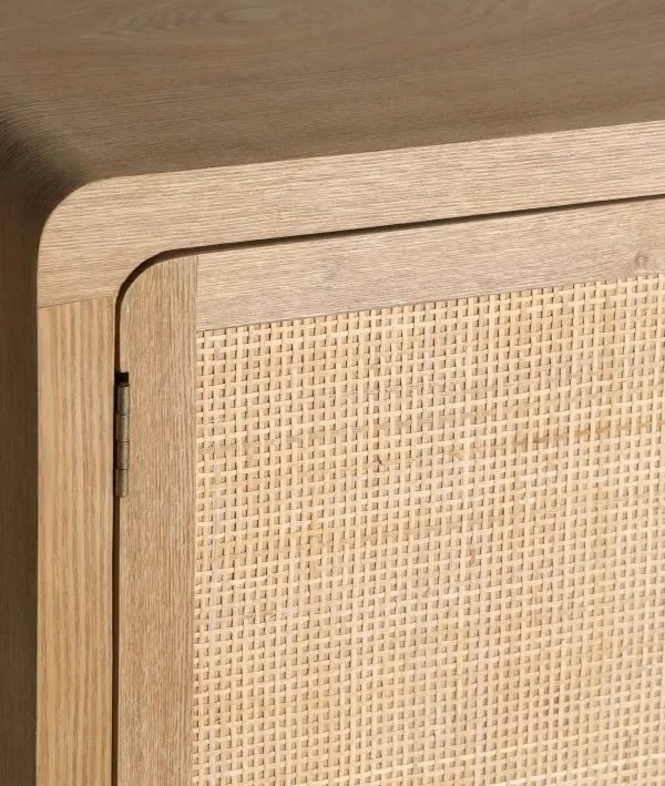 DOAZIT light brown fir wood TV cabinet, elongated with doors with lattice details