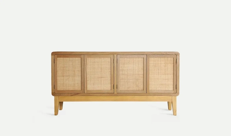 DOAZIT light brown fir wood TV cabinet, elongated with doors with lattice details