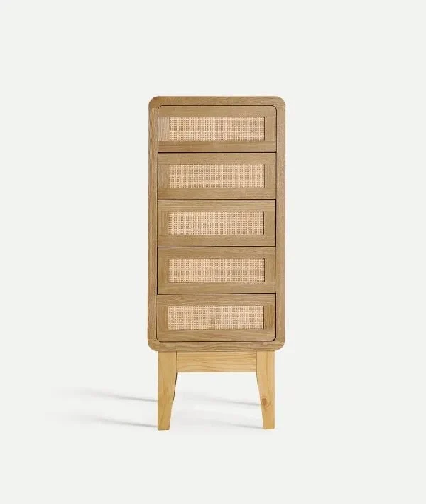 DOAZIT tallboy chest of drawers in light brown wood, straight legs that provide stability