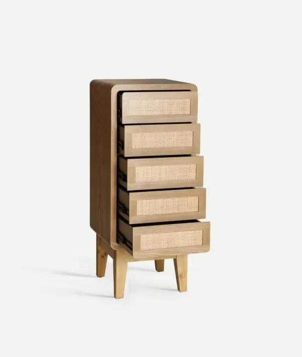 DOAZIT tallboy chest of drawers in light brown wood, straight legs that provide stability