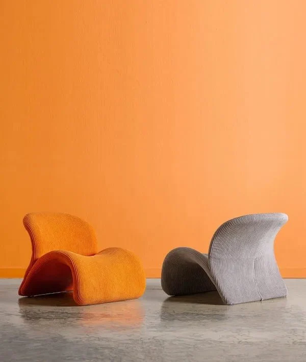 VIANNE armchair grey in polyester modern Art Deco style with curved lines and ribbed texture