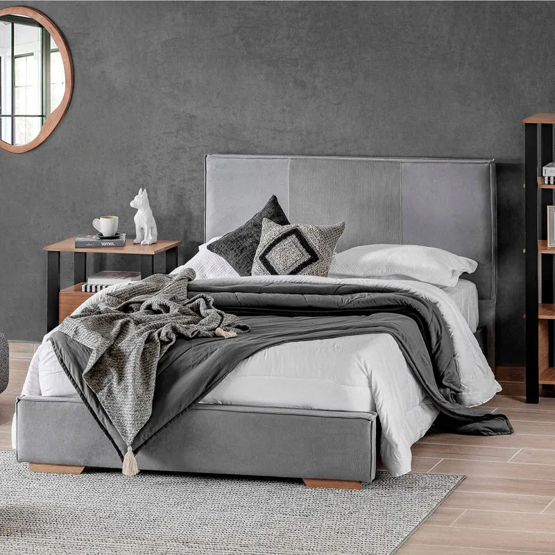 Combo Cama Doble Tokyo Gris, Natural + 2 Nocheros Donny + Colchón Horizon Soft