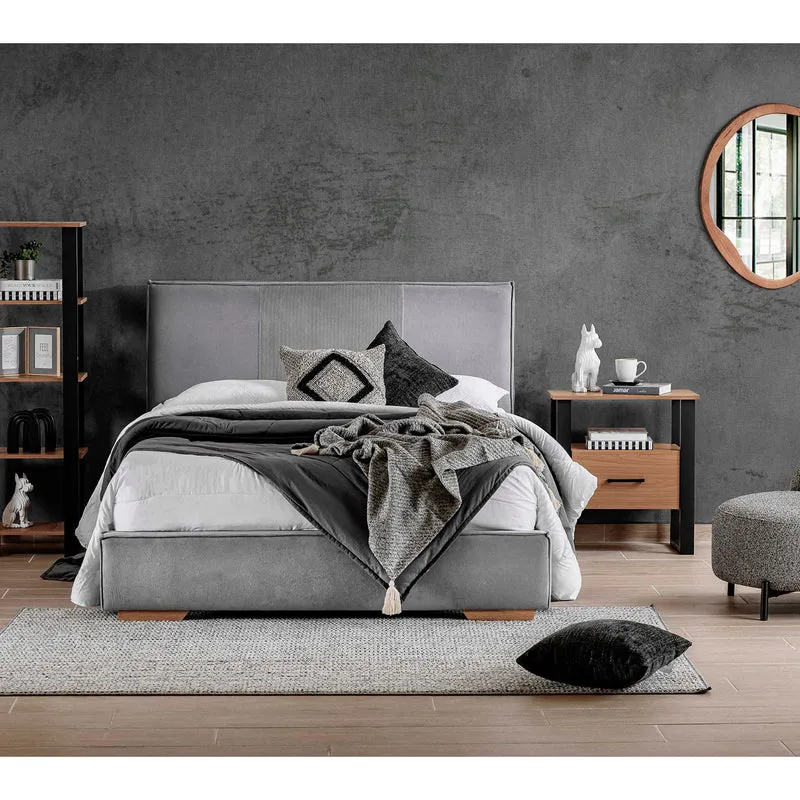 Combo Cama Doble Tokyo Gris, Natural + 2 Nocheros Donny + Colchón Horizon Soft