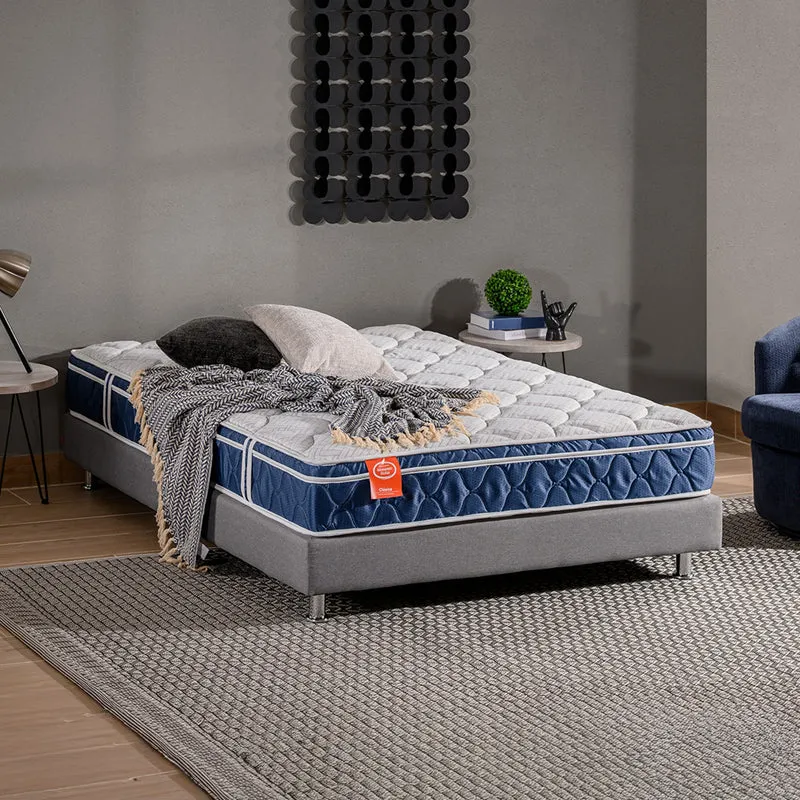 Combo Cama Doble Tokyo Gris, Natural + 2 Nocheros Donny + Colchón Horizon Soft