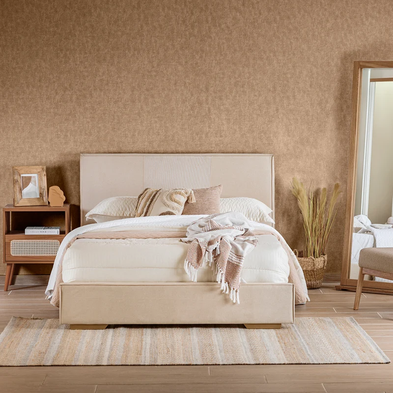 Combo Cama Doble Tokyo Beige, Natural + 2 Nocheros Donny + Colchón Horizon Soft