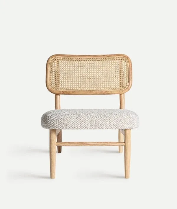 GLASSUE wooden and rattan chair with upholstered seat in white polyester