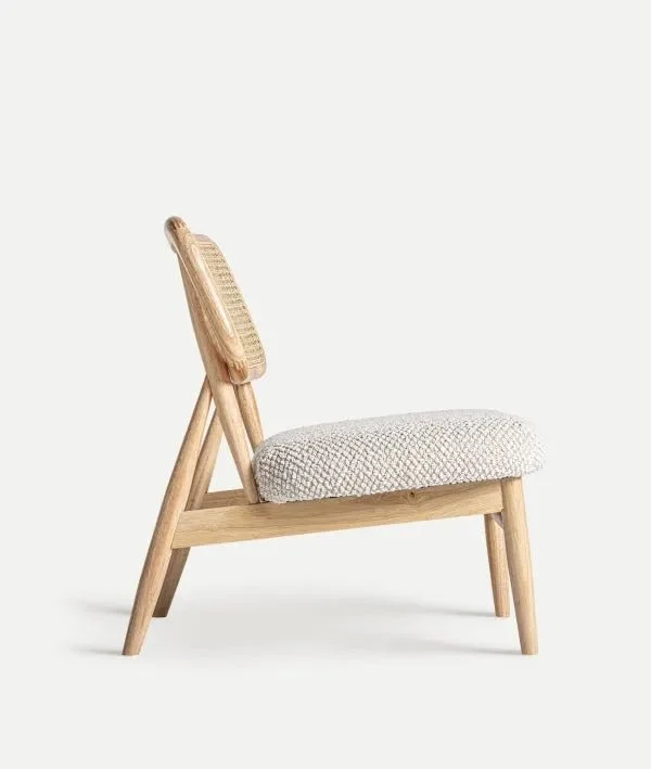 GLASSUE wooden and rattan chair with upholstered seat in white polyester