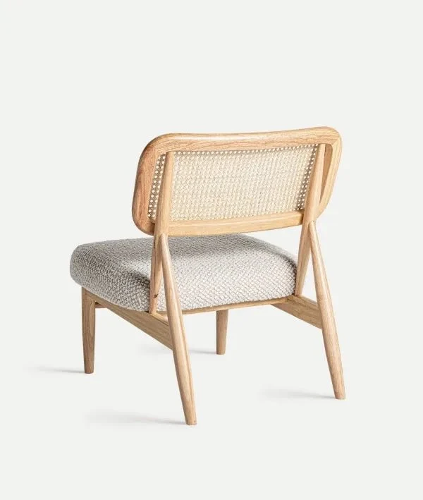 GLASSUE wooden and rattan chair with upholstered seat in white polyester