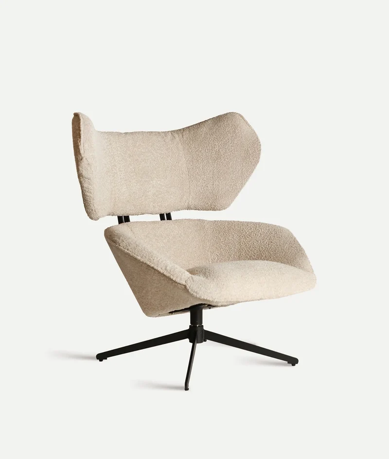 Swivel armchair upholstered in BOUCLÉ PRIVAS cotton