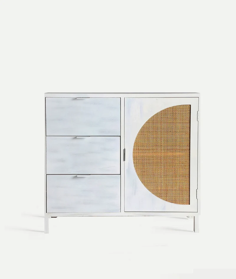 ZEMNE chest of drawers made of white pine wood and rattan