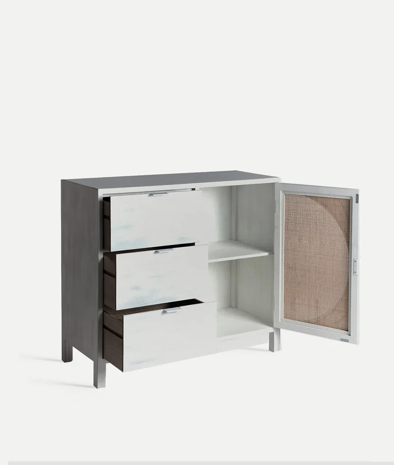ZEMNE chest of drawers made of white pine wood and rattan