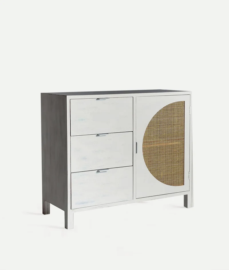 ZEMNE chest of drawers made of white pine wood and rattan