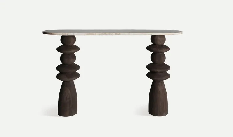 VRADS Console Table in Brown Wood with Marble Top – Art Meets Natural Elegance