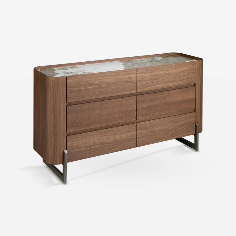 Chest of drawers in walnut, mink metal steel and porcelain marble top
