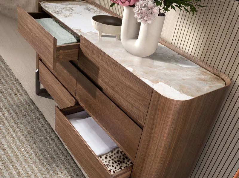Chest of drawers in walnut, mink metal steel and porcelain marble top