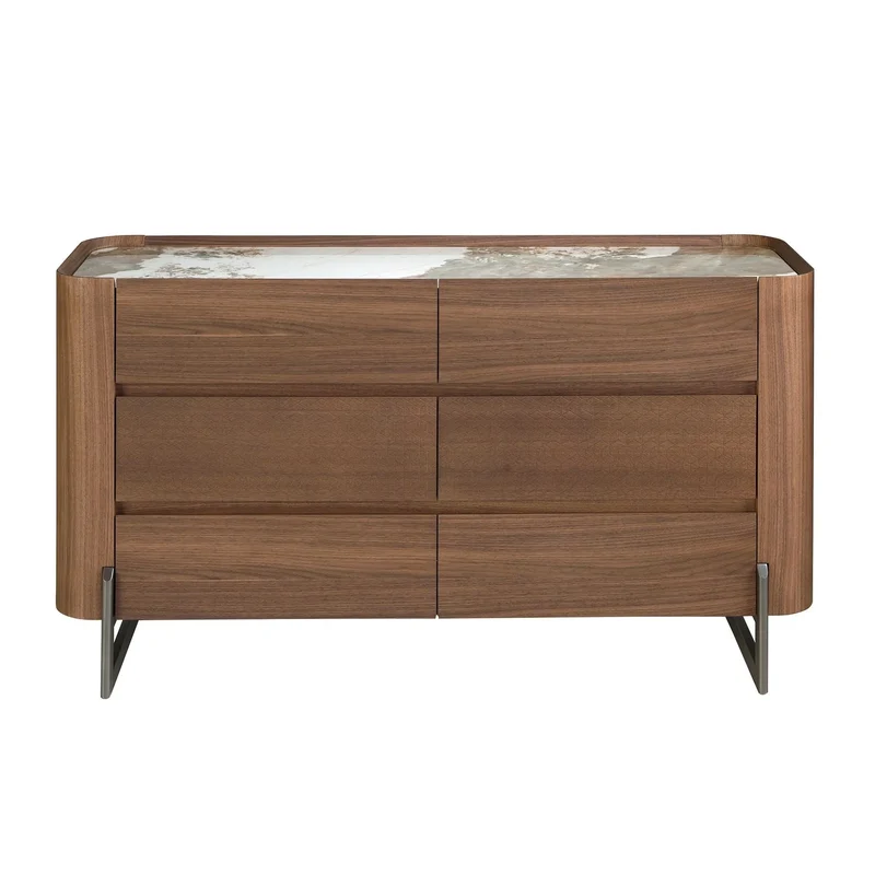 Chest of drawers in walnut, mink metal steel and porcelain marble top
